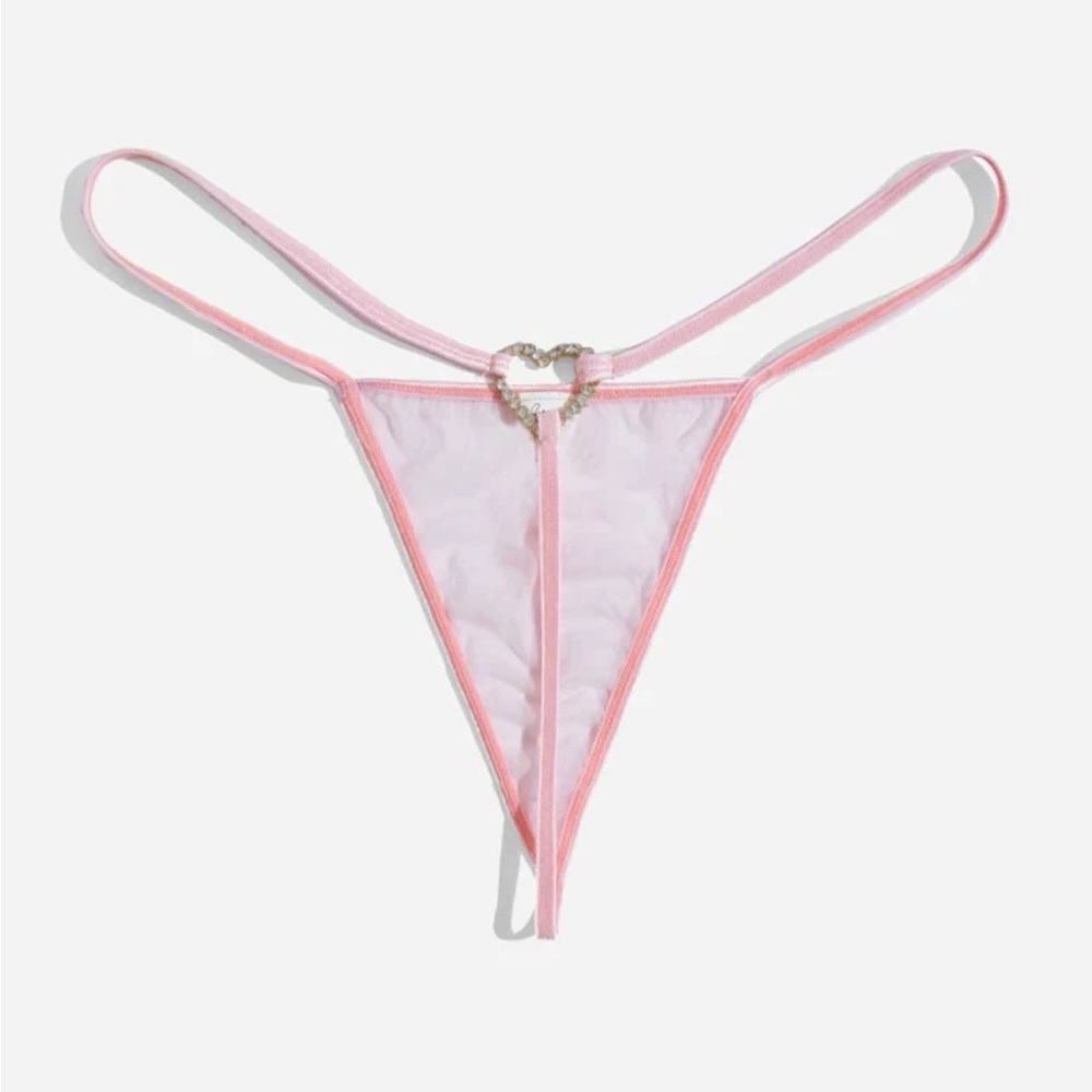 Pink Heart Rhinestone Lingerie Mesh Thong
